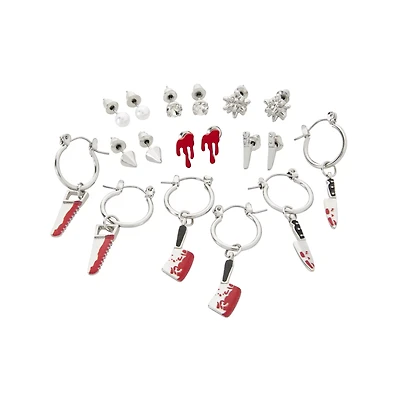 Multi-Pack CZ Bloody Saw Axe Knife and Pearl-Effect Earrings - 9 Pair