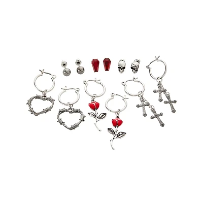 Multi-Pack Silvertone Heart Rose Cross Coffin Earrings - 6 Pair