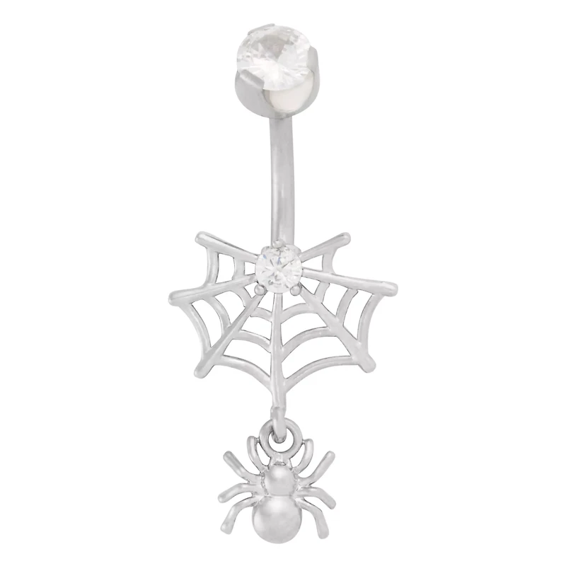 CZ Silver-Plated Spider Web Dangle Belly Ring - 14 Gauge