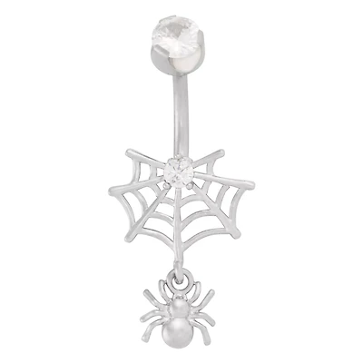 CZ Silver-Plated Spider Web Dangle Belly Ring - 14 Gauge