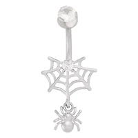 CZ Silver-Plated Spider Web Dangle Belly Ring - 14 Gauge