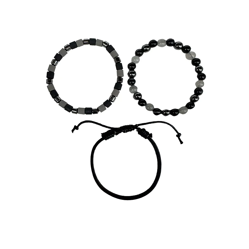 Multi-Pack Black and Grey Beaded and Leather Bracelets - 3 Pack
