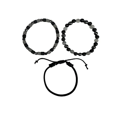 Multi-Pack Black and Grey Beaded and Leather Bracelets - 3 Pack