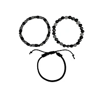 Multi-Pack Black and Grey Beaded and Leather Bracelets - 3 Pack