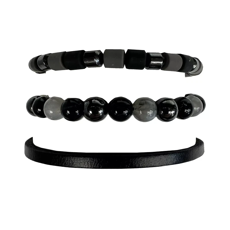 Multi-Pack Black and Grey Beaded and Leather Bracelets - 3 Pack