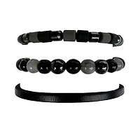 Multi-Pack Black and Grey Beaded and Leather Bracelets - 3 Pack
