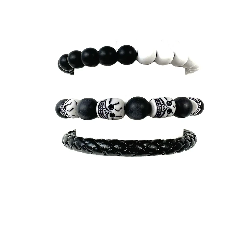 Multi-Pack Black and White Skull Bracelets - 3 Pack