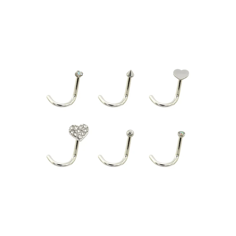 Multi-Pack Goldtone and Black Heart L-Bend Nose Rings 6 Pack - 20 Gauge