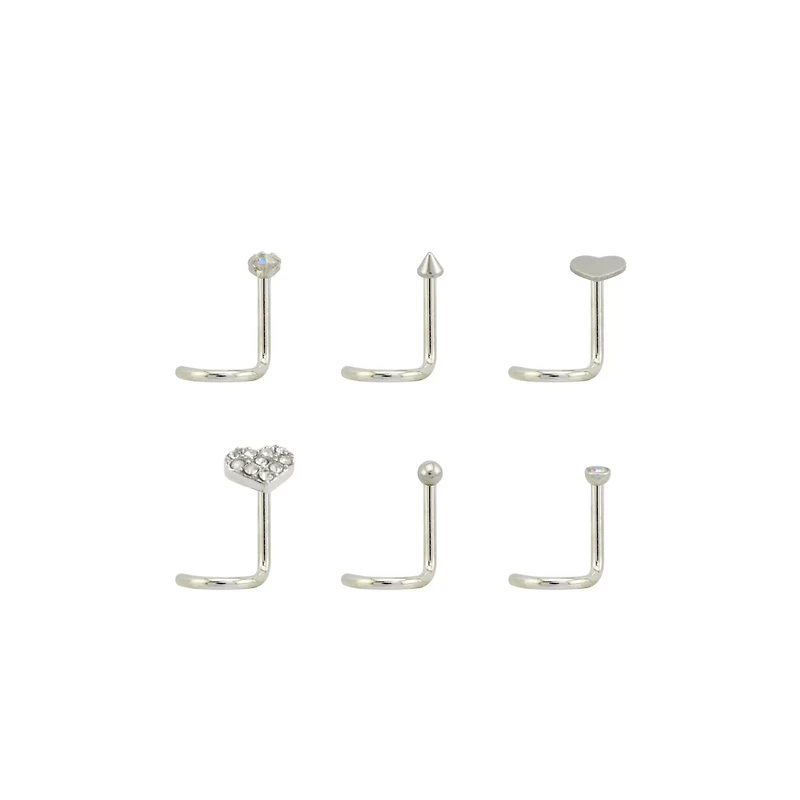 Multi-Pack Goldtone and Black Heart L-Bend Nose Rings 6 Pack - 20 Gauge