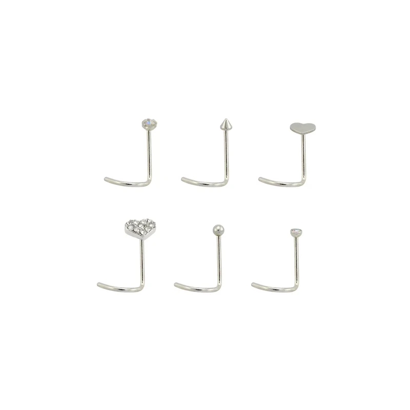 Multi-Pack Goldtone and Black Heart L-Bend Nose Rings 6 Pack - 20 Gauge