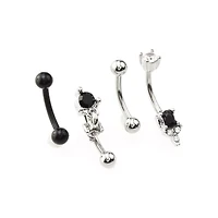 Multi-Pack CZ Black and Silvertone Curved Barbells 4 Pack - 16 Gauge