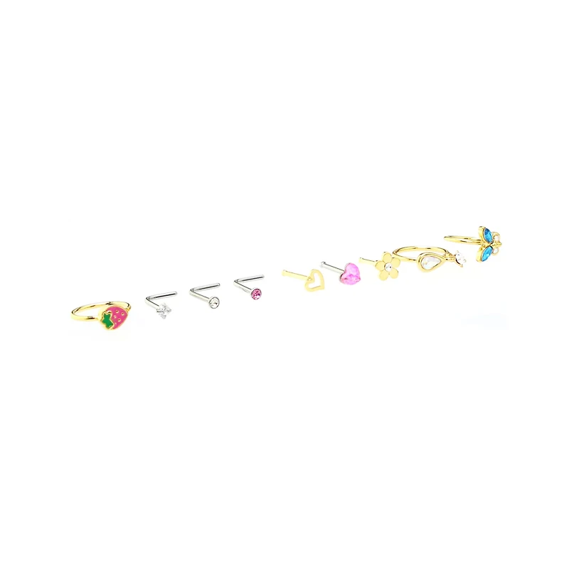 Multi-Pack CZ Flower and Strawberry Mixed Nose Rings 9 Pack - 20 Gauge