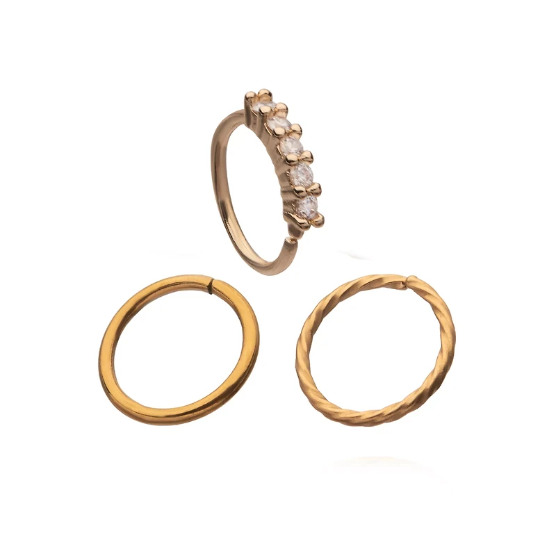 Multi-Pack CZ Gem Gold-Plated Seamless Hoop Nose Rings - 3 Pack