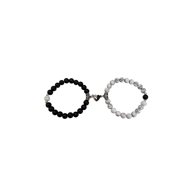Black and White Marble Magnetic Long Distance Beaded Bracelets - 2 Pack