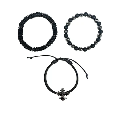 Multi-Pack Black Cross Cord and Beaded Bracelets - 3 Pack