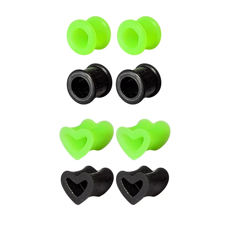 Multi-Pack Green and Black Heart Silicone Tunnels - 4 Pairs