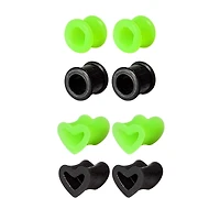 Multi-Pack Green and Black Heart Silicone Tunnels - 4 Pairs