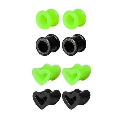 Multi-Pack Green and Black Heart Silicone Tunnels - 4 Pairs