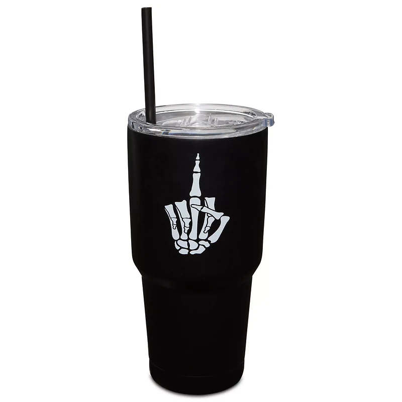 Skeleton Middle Finger Travel Tumbler with Straw - 30 oz.