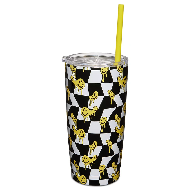 Checkered Drippy Smiley Face Cup with Straw -  20 oz.