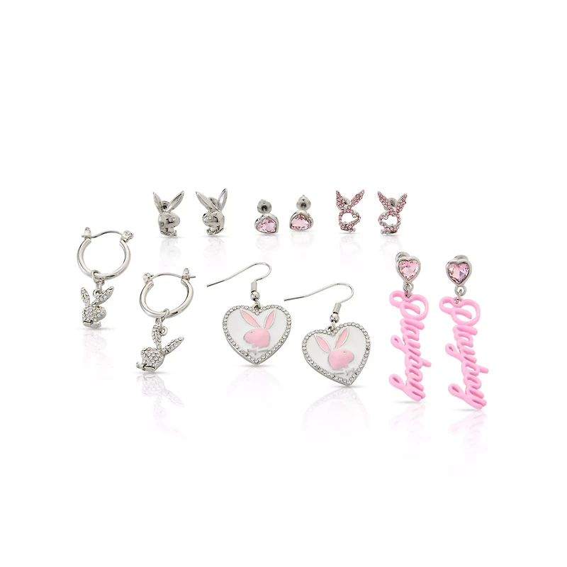 Multi-Pack CZ Pink Playboy Bunny Stud and Dangle Earrings - 6 Pairs