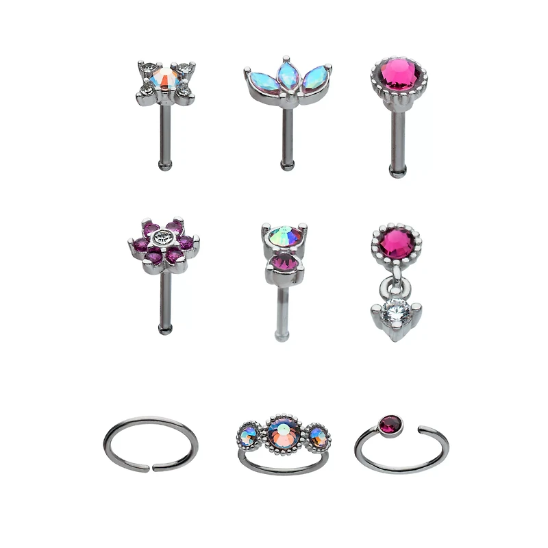 Multi-Pack Multi-Color CZ Flower Hoops and Bone Nose Rings 9 Pack - 20 Gauge