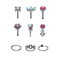 Multi-Pack Multi-Color CZ Flower Hoops and Bone Nose Rings 9 Pack - 20 Gauge