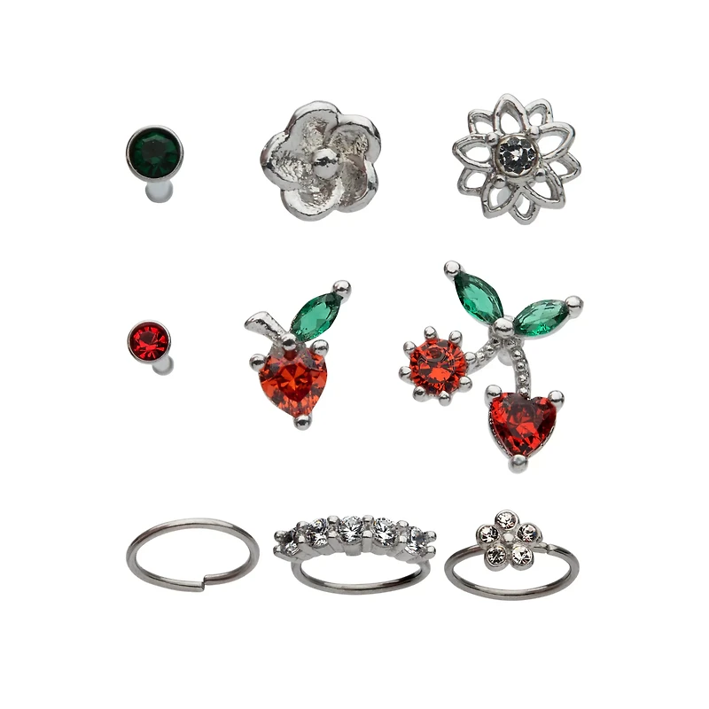 Multi-Pack Red CZ Cherry Heart Hoops and Bone Nose Rings 9 Pack - 20 Gauge