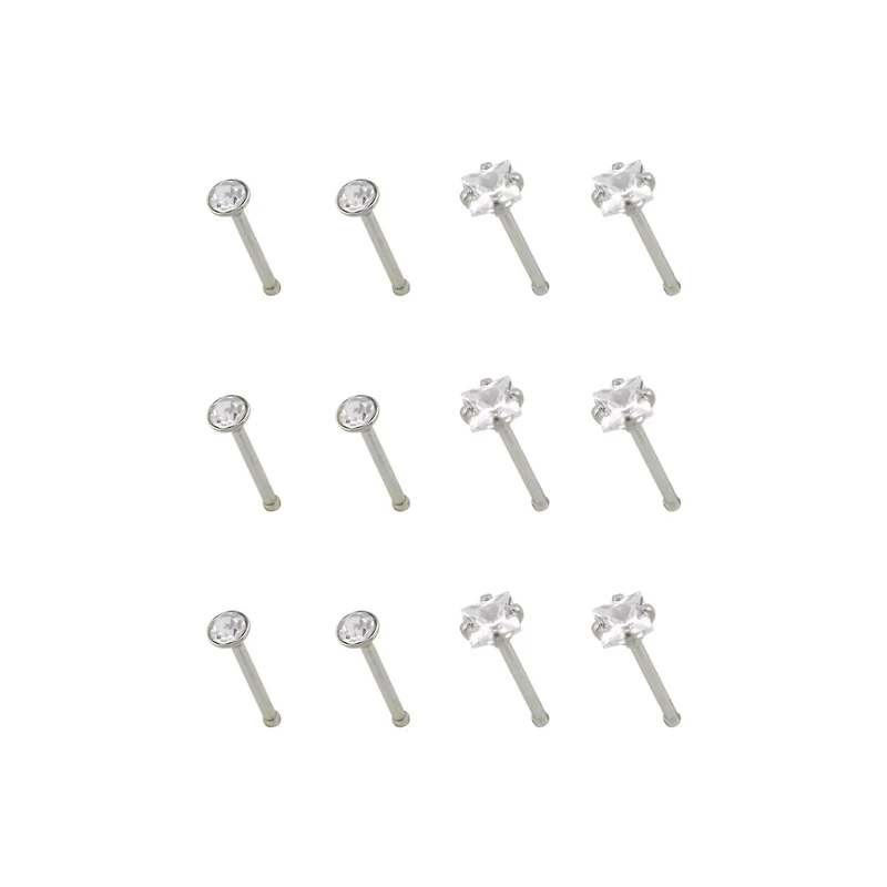 Multi-Pack CZ Square Prong Nose Pins 12 Pack - 20 Gauge