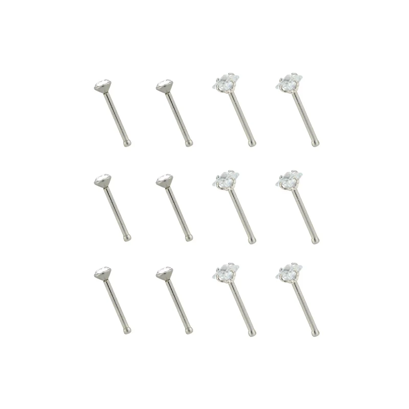 Multi-Pack CZ Square Prong Nose Pins 12 Pack - 20 Gauge
