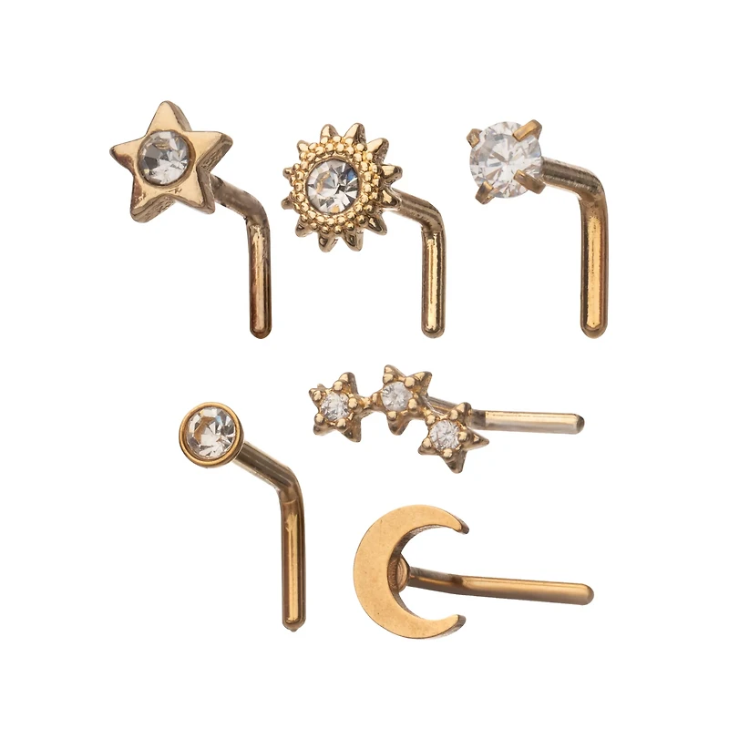 Multi-Pack CZ Gold-Plated Galaxy L-Bend Nose Rings - 6 Pack