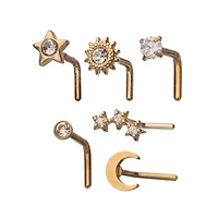 Multi-Pack CZ Gold-Plated Galaxy L-Bend Nose Rings - 6 Pack