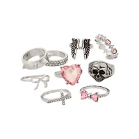 Multi-Pack Pink Angel Skull Heart Rings - 9 Pack