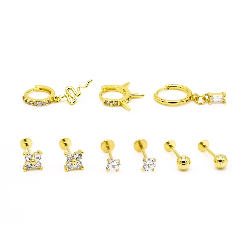 Multi-Pack CZ Goldtone Snake Hoop and Stud Cartilage Earrings - 9 Pack