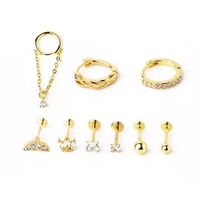 Multi-Pack Goldtone CZ Cartilage Earrings 9 Pack - 18 Gauge