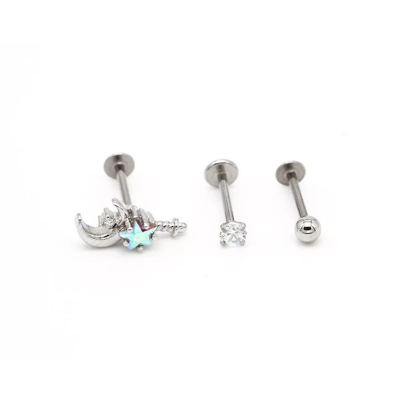 Multi-Pack CZ Moon and Star Flatback Earrings - 3 Pack