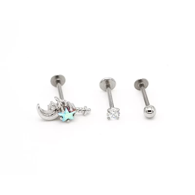 Multi-Pack CZ Moon and Star Flatback Earrings - 3 Pack