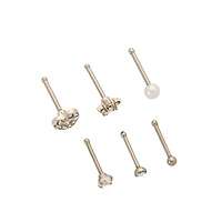 Multi-Pack CZ Heart and Flower Bone Nose Rings 6 Pack - 20 Gauge