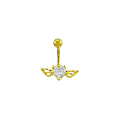 Heart CZ Angel Wings Belly Ring - 14 Gauge