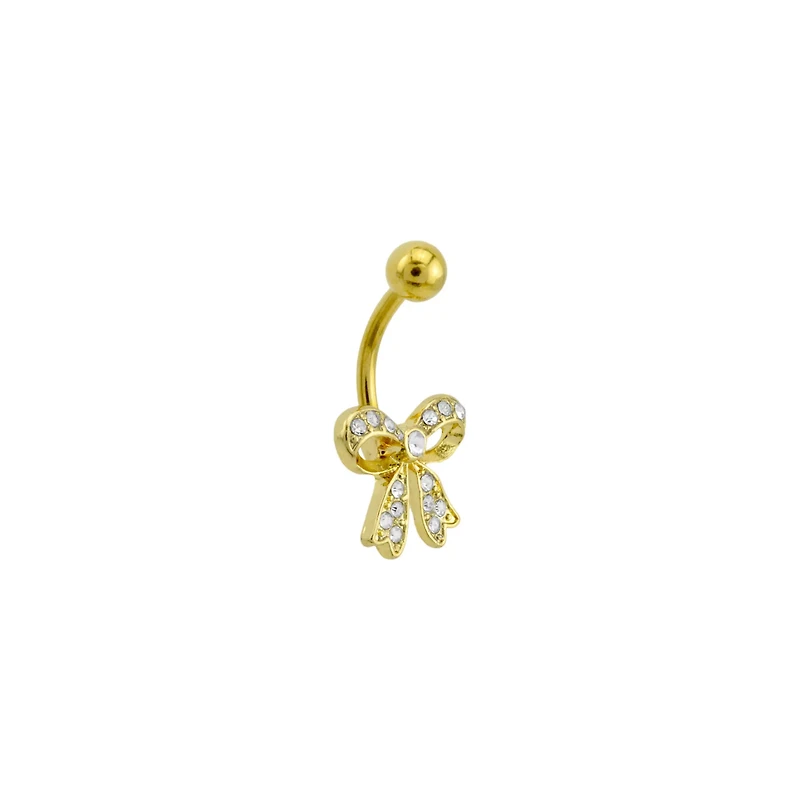 CZ Goldtone Bow Belly Ring - 14 Gauge