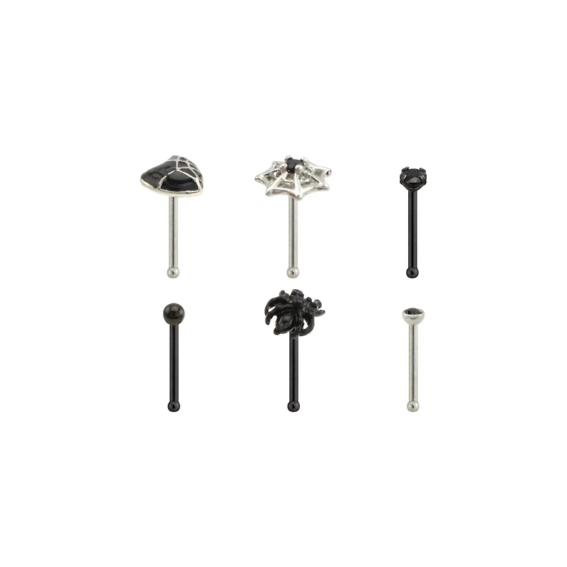 Multi-Pack CZ Black and Silvertone Heart and Spider Web Pin Nose Rings 6 Pack - 20 Gauge
