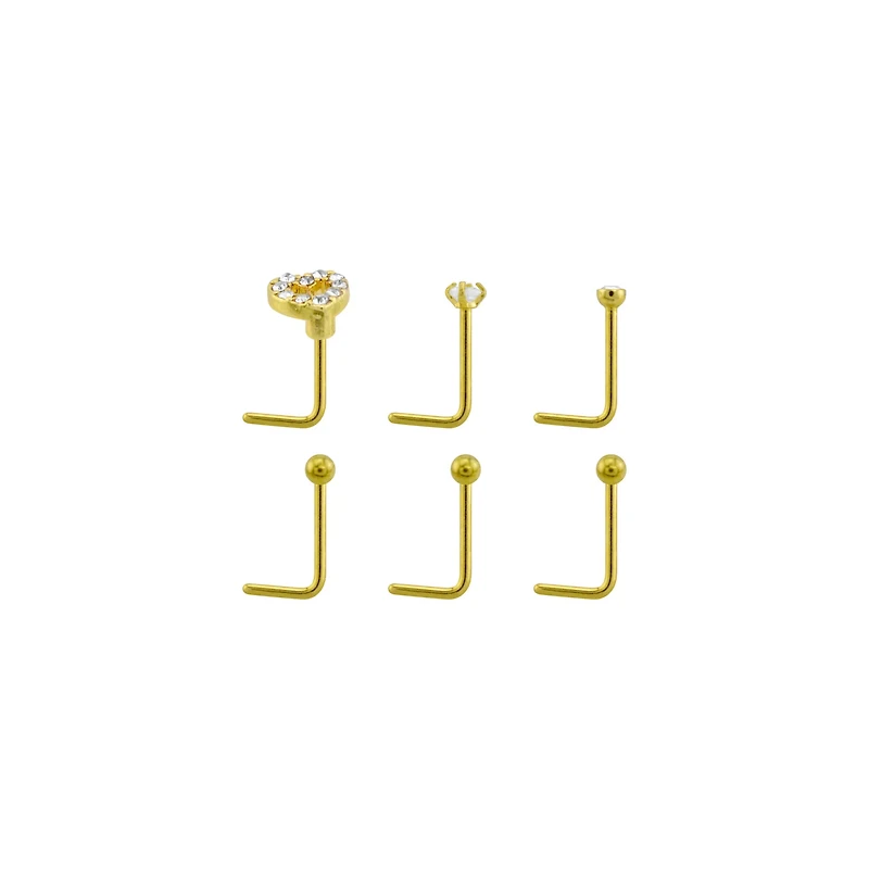 Multi-Pack CZ Goldplated Stone Heart L-Bend Nose Rings 6 Pack - 20 Gauge