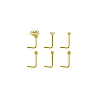 Multi-Pack CZ Goldplated Stone Heart L-Bend Nose Rings 6 Pack - 20 Gauge
