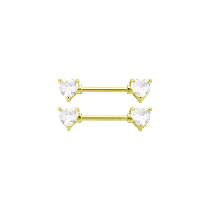 CZ Goldtone Heart Clear Gem Nipple Barbells - 14 Gauge