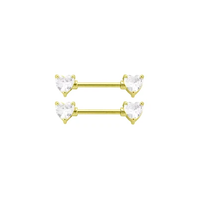 CZ Goldtone Heart Clear Gem Nipple Barbells - 14 Gauge