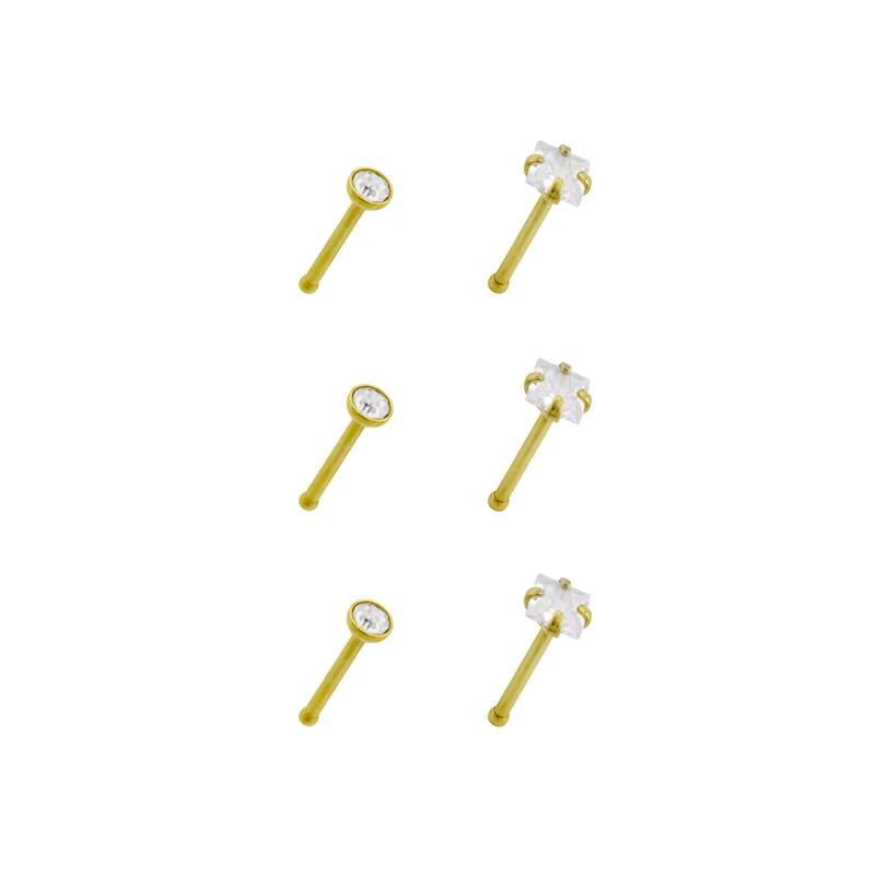 Multi-Pack CZ Square Gold Plated Nose Pins 6 Pack - 20 Gauge