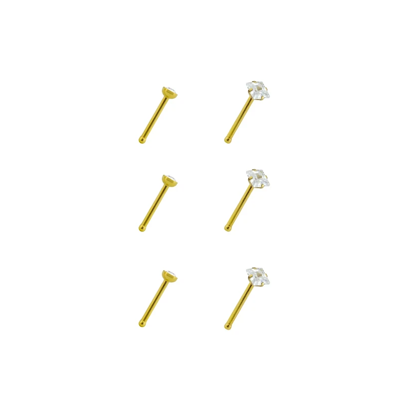 Multi-Pack CZ Square Gold Plated Nose Pins 6 Pack - 20 Gauge