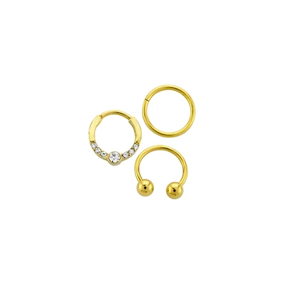 Multi-Pack CZ Circular Gem Horseshoe and Hinged Septum Rings 3 Pack - 16 Gauge