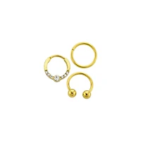 Multi-Pack CZ Circular Gem Horseshoe and Hinged Septum Rings 3 Pack - 16 Gauge