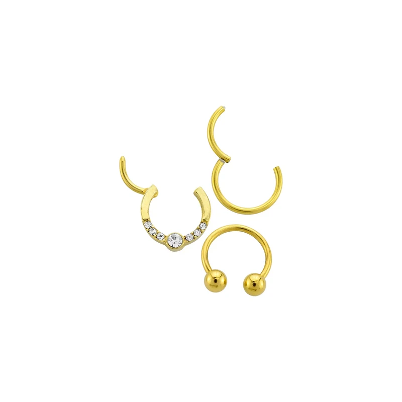 Multi-Pack CZ Circular Gem Horseshoe and Hinged Septum Rings 3 Pack - 16 Gauge